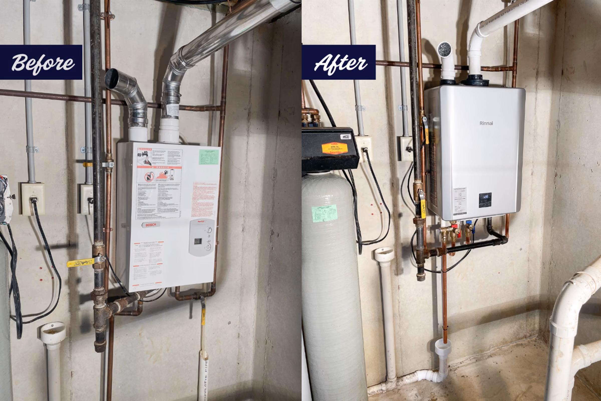 Before and after of new electric water heater installation
