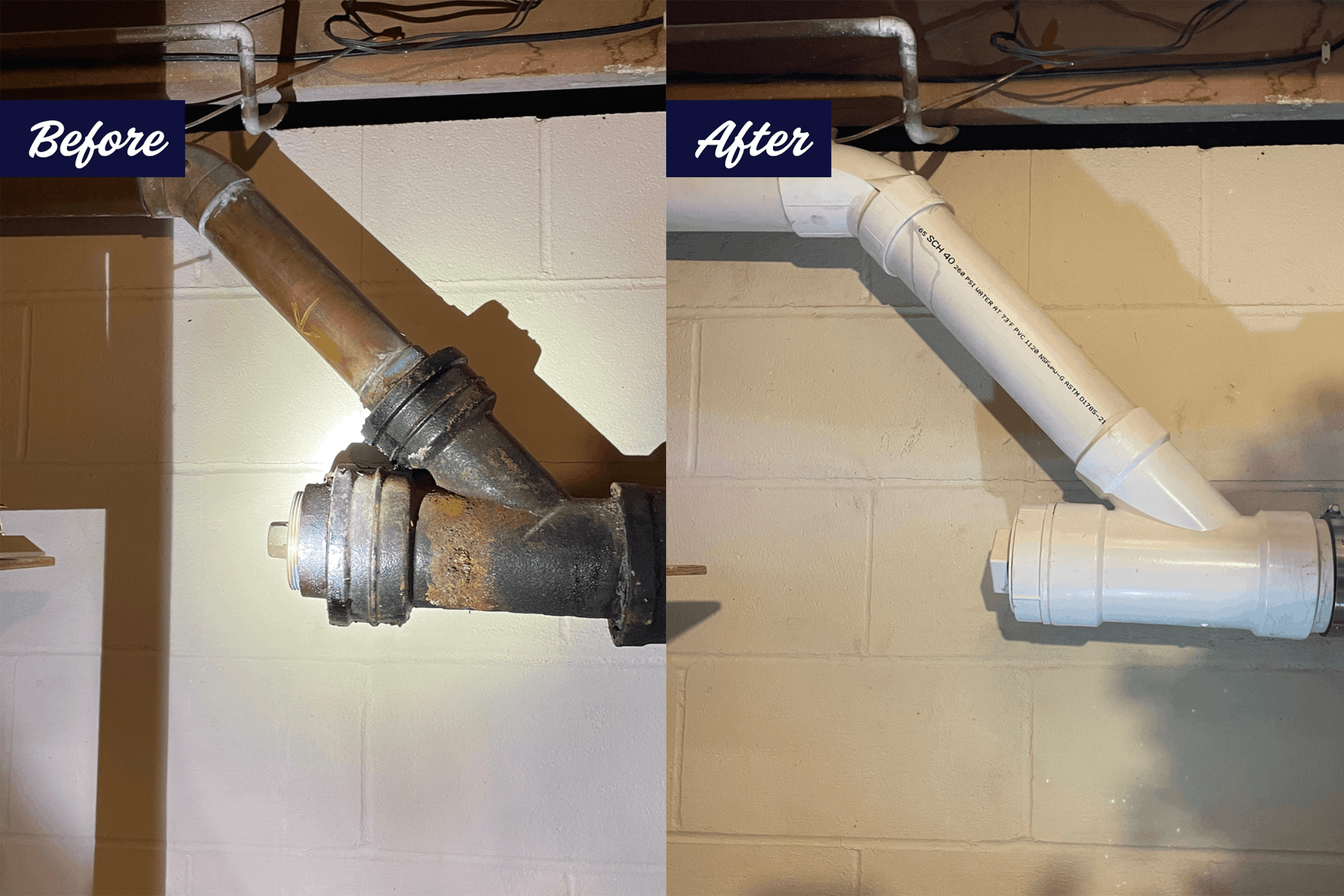 Before and After of updated piping in basement