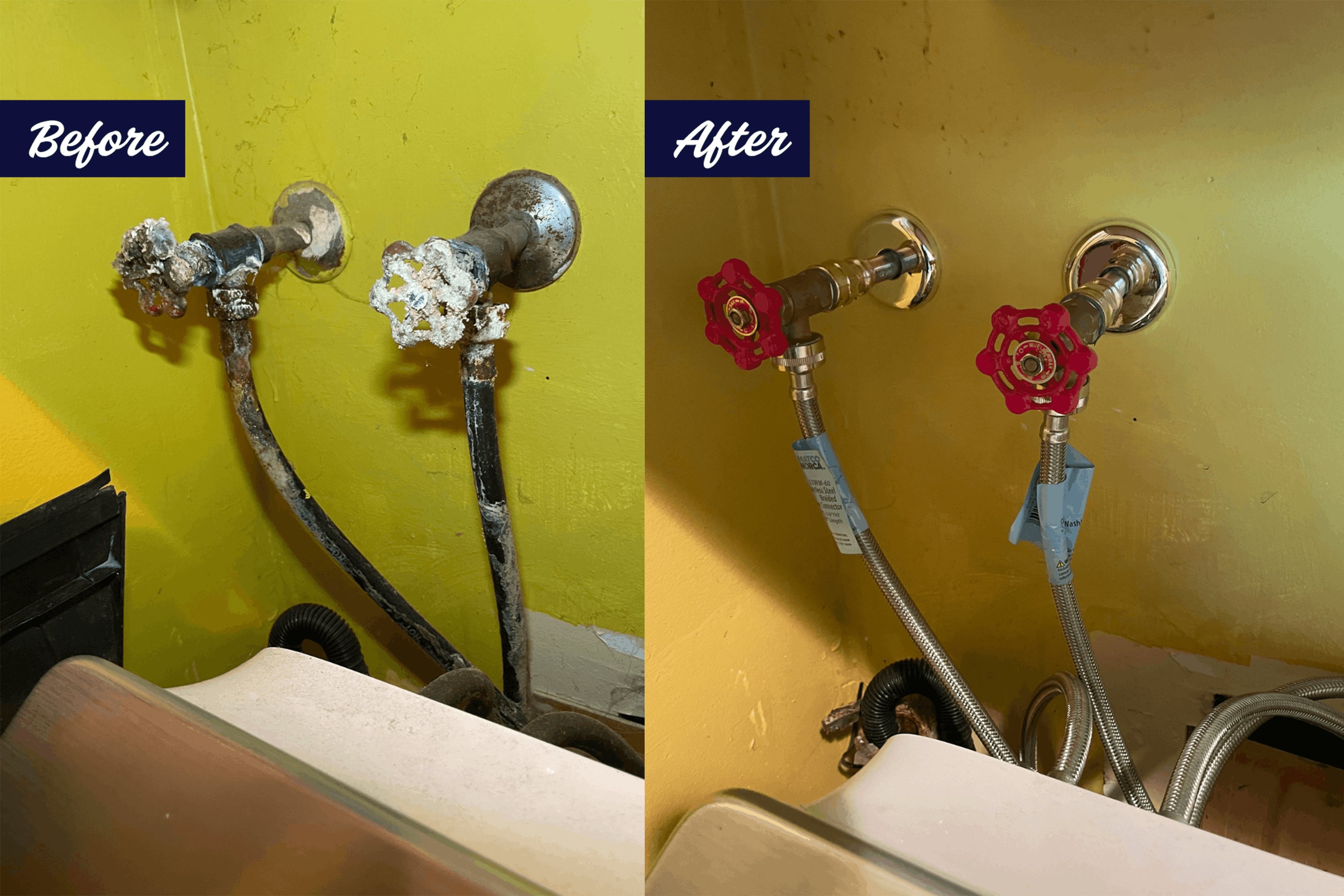Before and after of laundry shut off valves