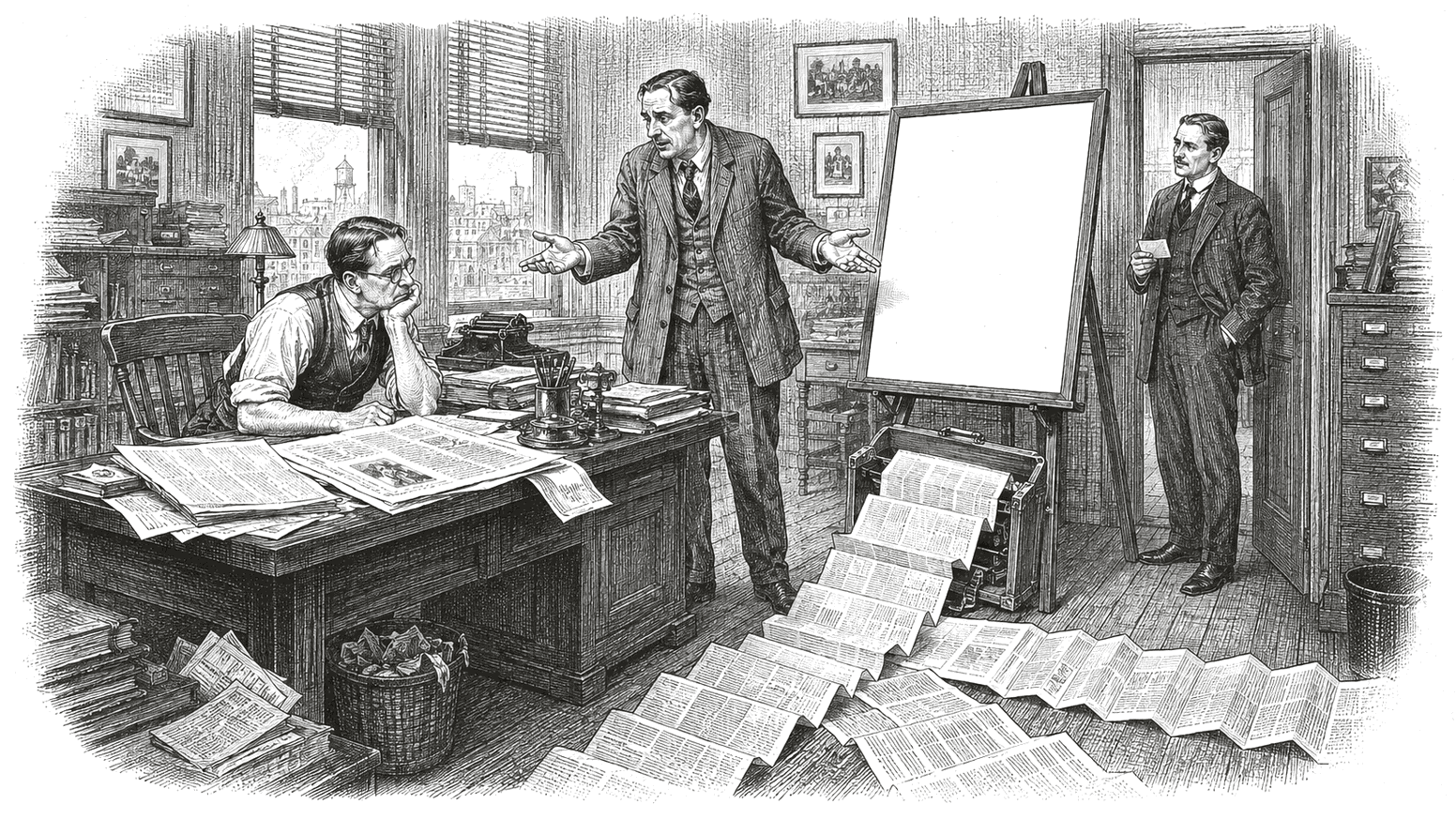 Engraving: an unprepared presenter gestures at a blank easel while a concertina of paper unspools across an editor's office floor.