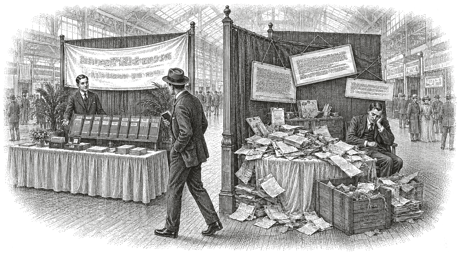 Engraving: two exhibition stands side by side, one orderly and one in disarray, as a visitor turns toward the orderly stand.