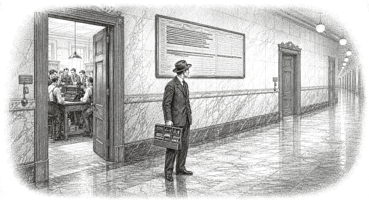 Engraving: an open office door spills light into a marble corridor while a second identical door stands closed further down, the floor between them untouched.