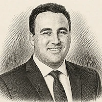 An engraved portrait of Stephen Ambrose III in a suit and tie