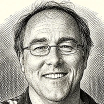 An engraved portrait of Max Maxfield, smiling, in glasses and a patterned shirt