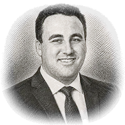An engraved portrait of Stephen Ambrose III in a suit and tie