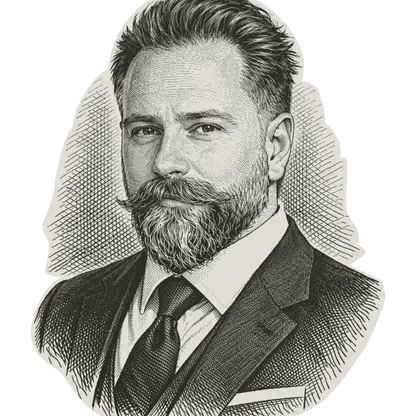 An engraved portrait of Darin ten Bruggencate, bearded, in a suit and tie