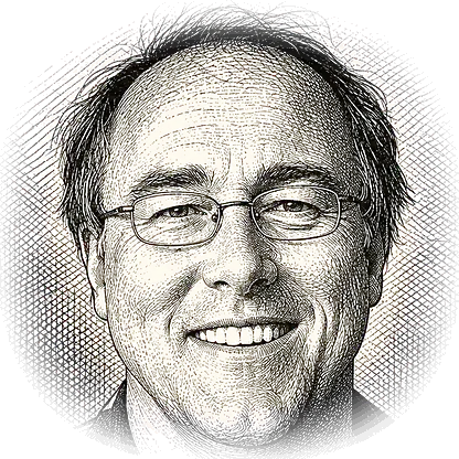 An engraved portrait of Max Maxfield, smiling, in glasses and a patterned shirt