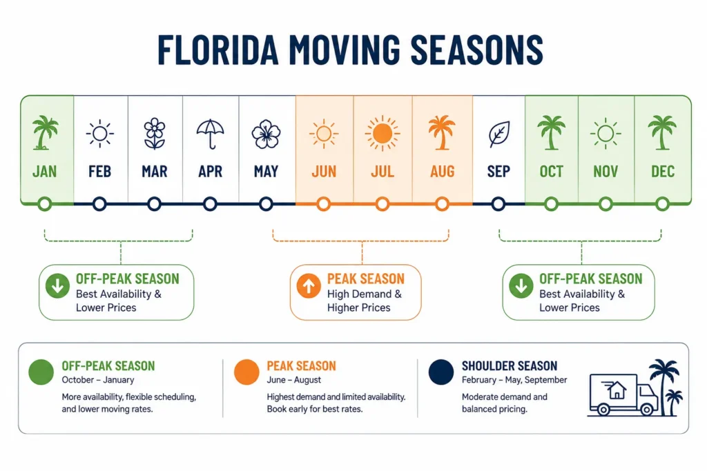 Florida seasonal moving calendar showing peak and off-peak months for Orlando to Miami moves 