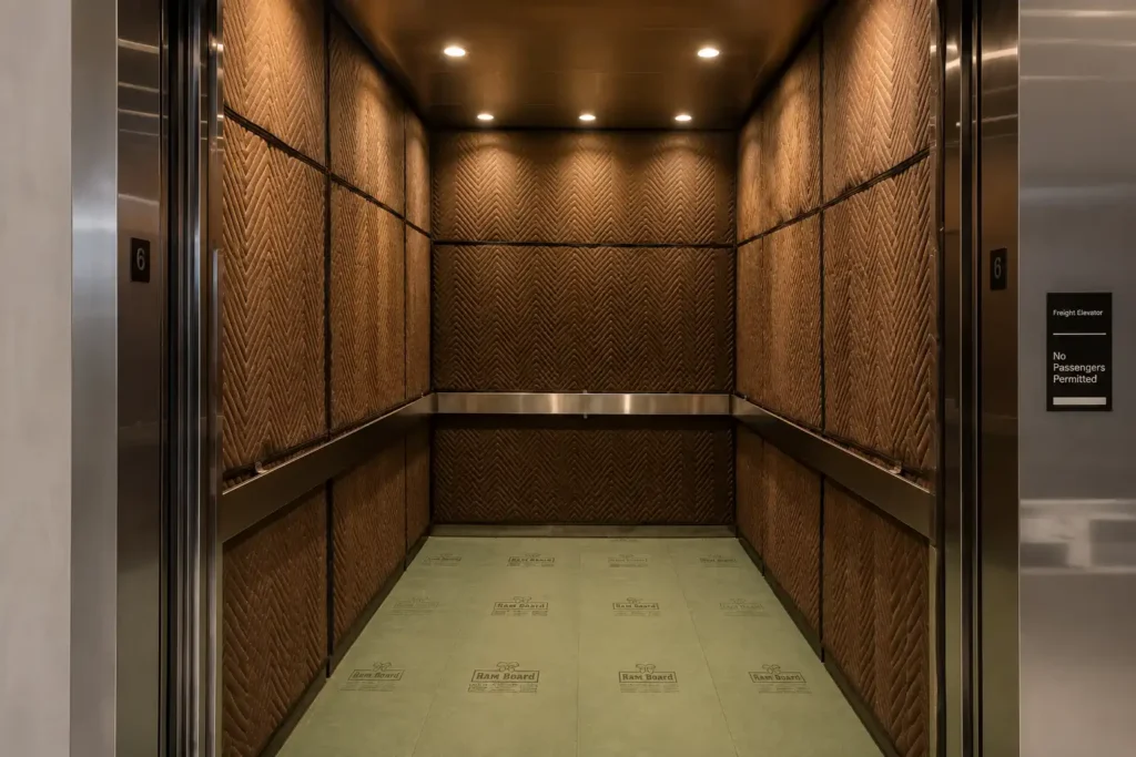 Freight elevator with moving pads inside a Miami high-rise building during a move-in 
