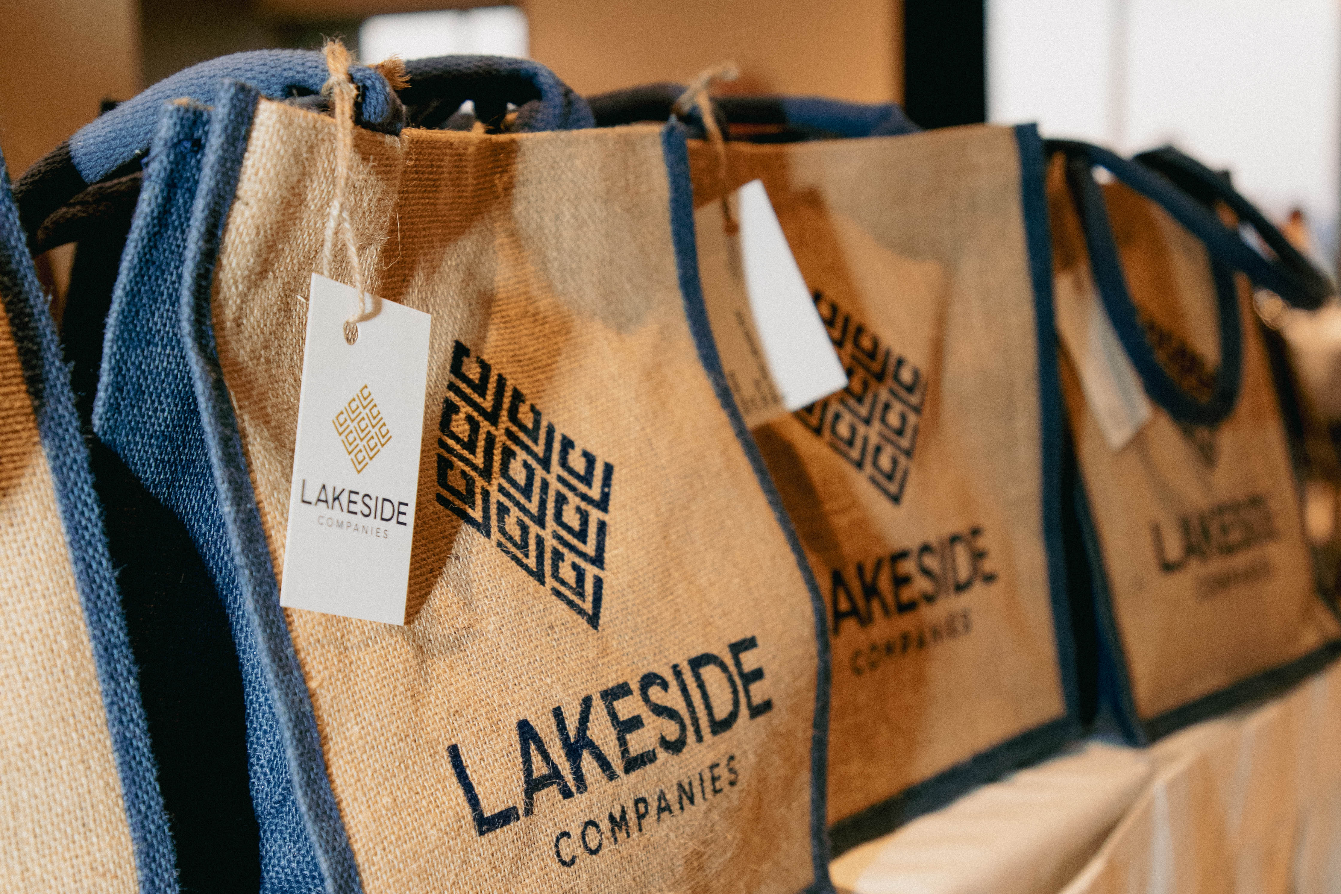 Lakeside Companies tote bags prepared for a community giving drive