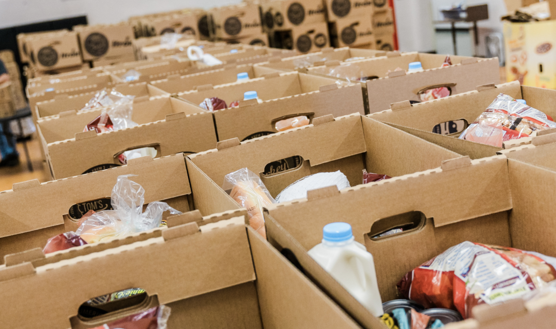 Boxes of food packed for families