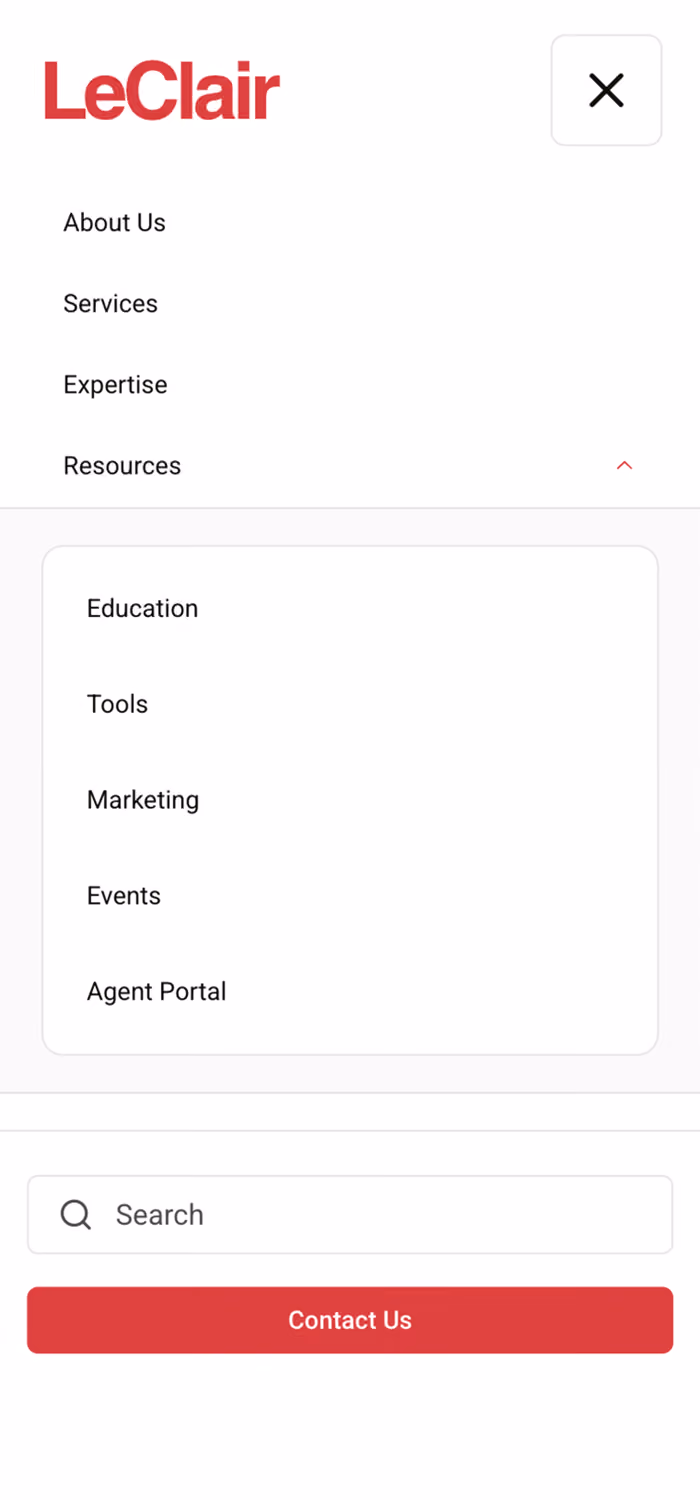 Mobile screenshot of the LeClair Group website navigation menu