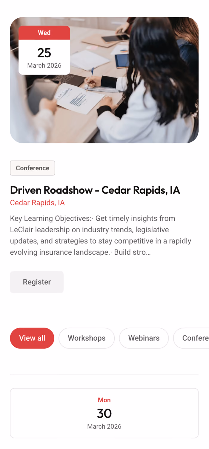 Mobile screenshot of the LeClair Group events calendar