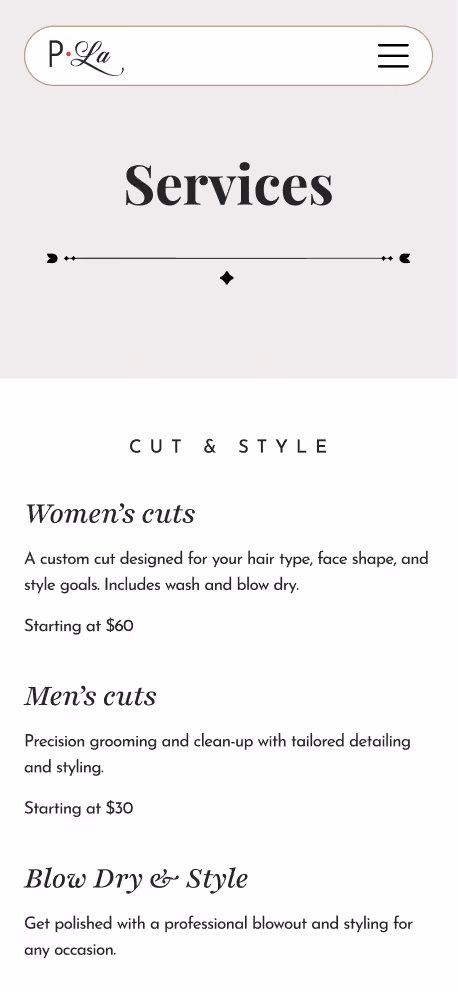 First mobile screenshot of the P. La Salon website