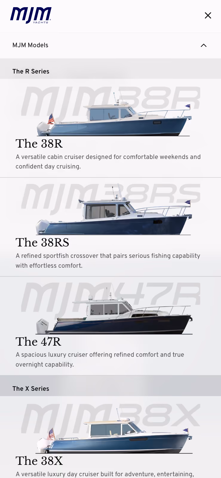 Second mobile screenshot of the MJM Yachts website