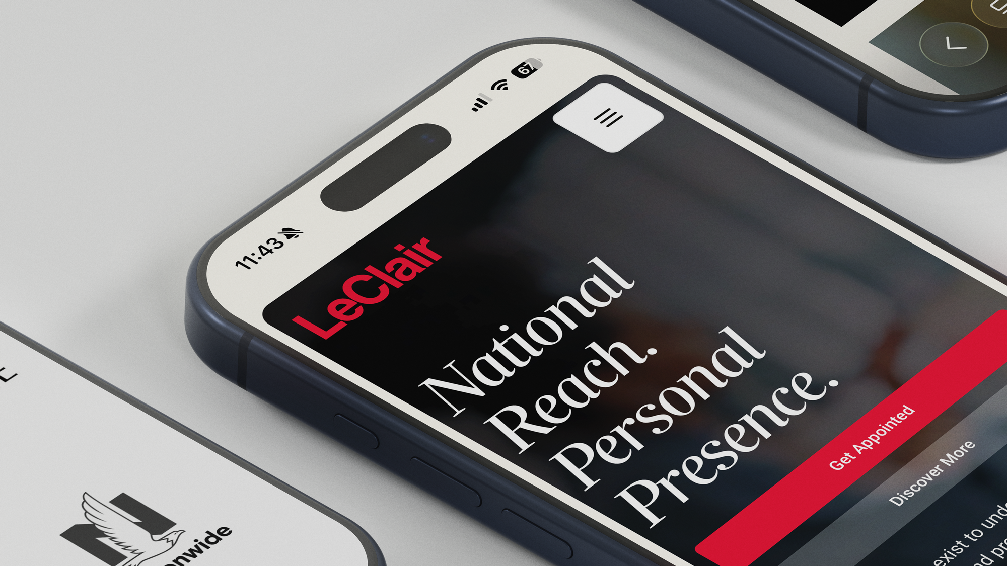 Phone mockup of the LeClair Group homepage with the headline "National Reach. Personal Presence." and a "Get Appointed" button.
