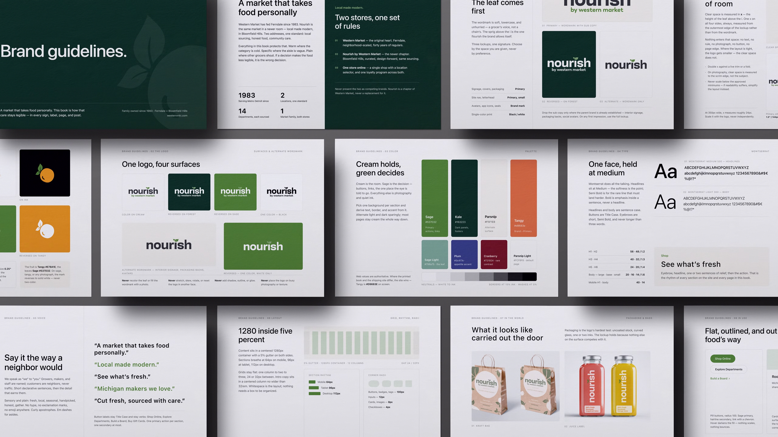 Grid of Nourish by Western Market brand guideline pages, showing logo variations, color palette, typography, voice, layout grid, and packaging mockups