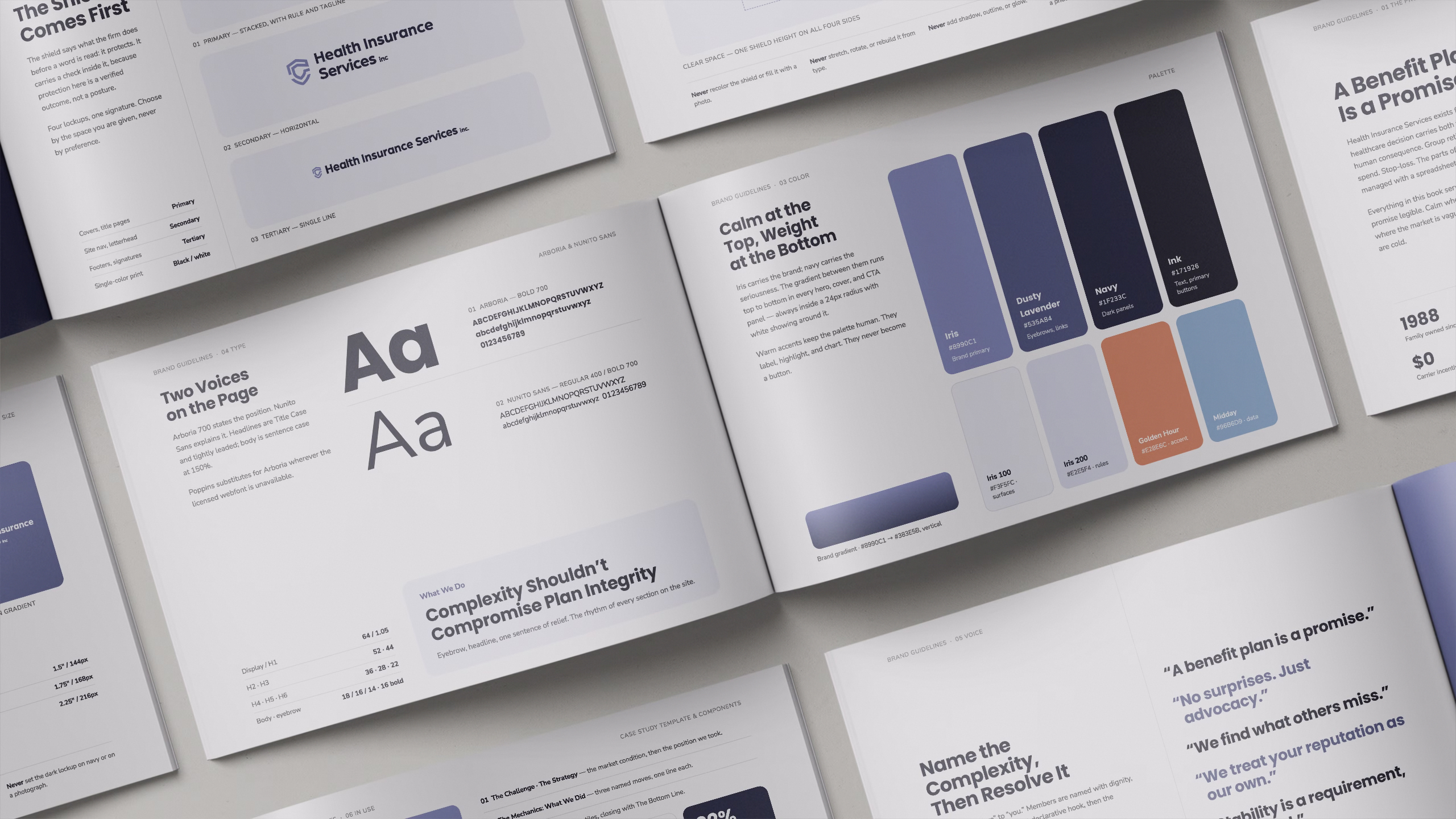 Health Insurance Services brand guidelines booklet on a light background