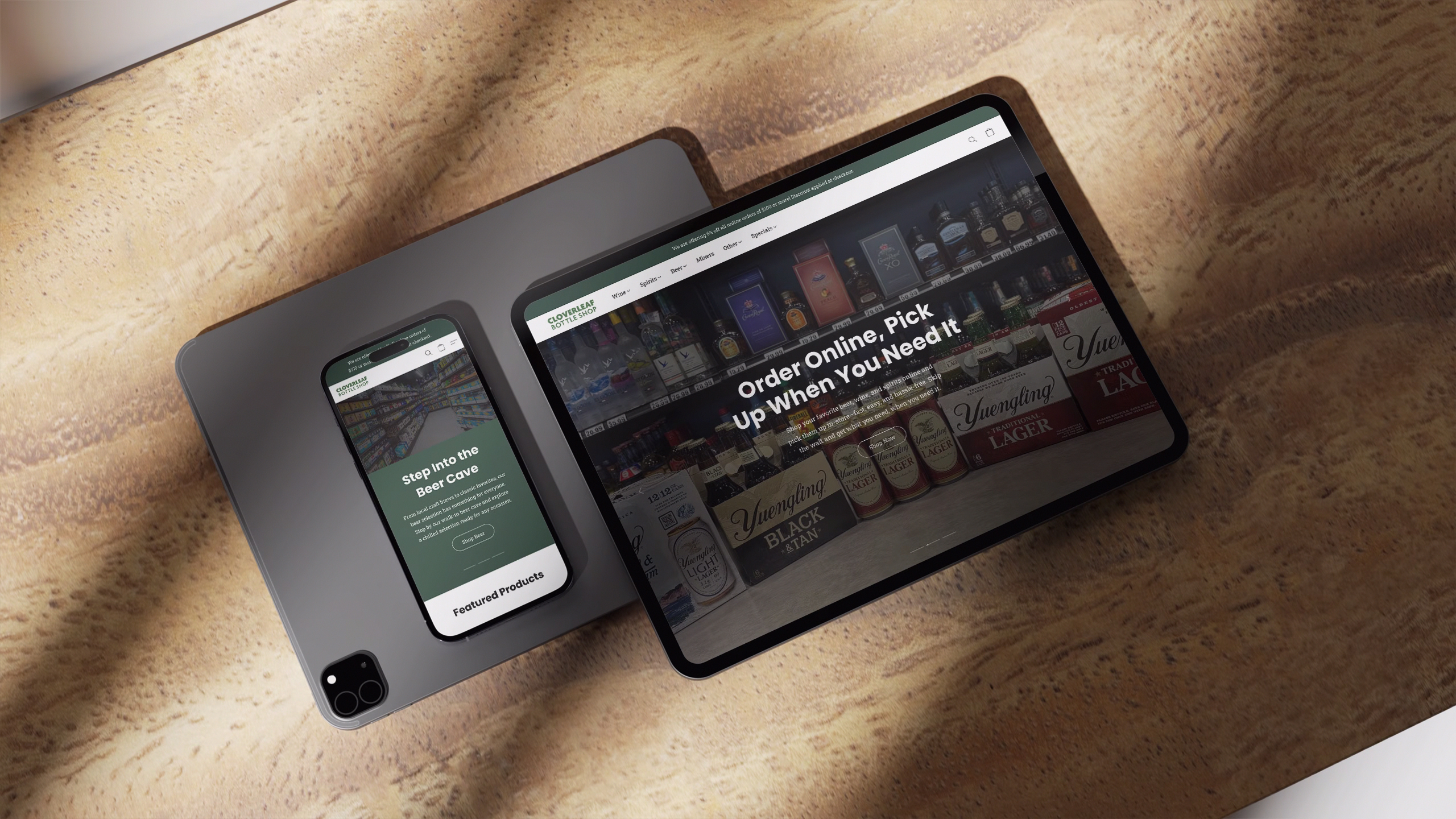 Full-width hero screenshot of the Cloverleaf Bottle Shop website
