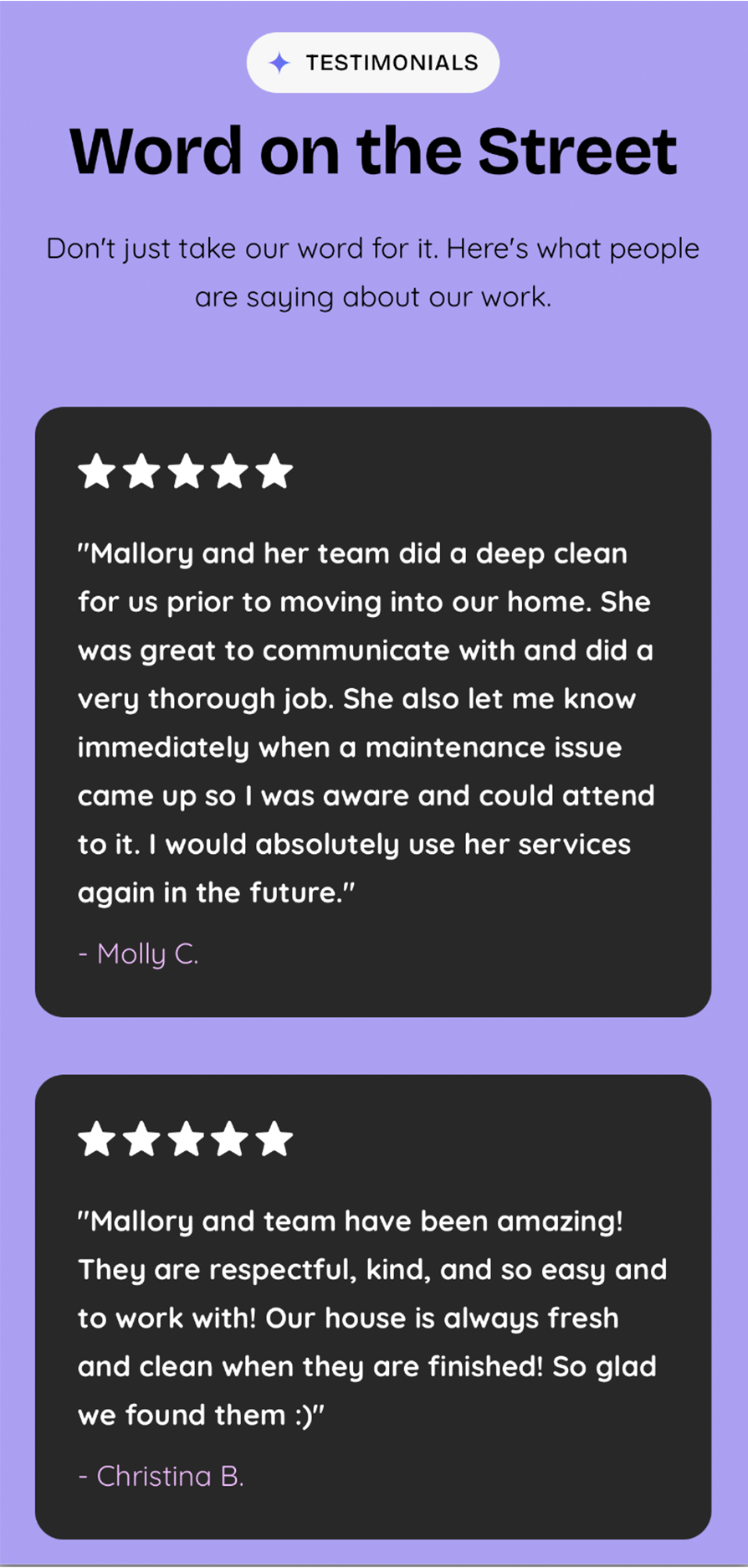Mobile screenshot of the MAID Detroit "Word on the Street" testimonials section, showing two five-star customer reviews on dark cards over a lavender background