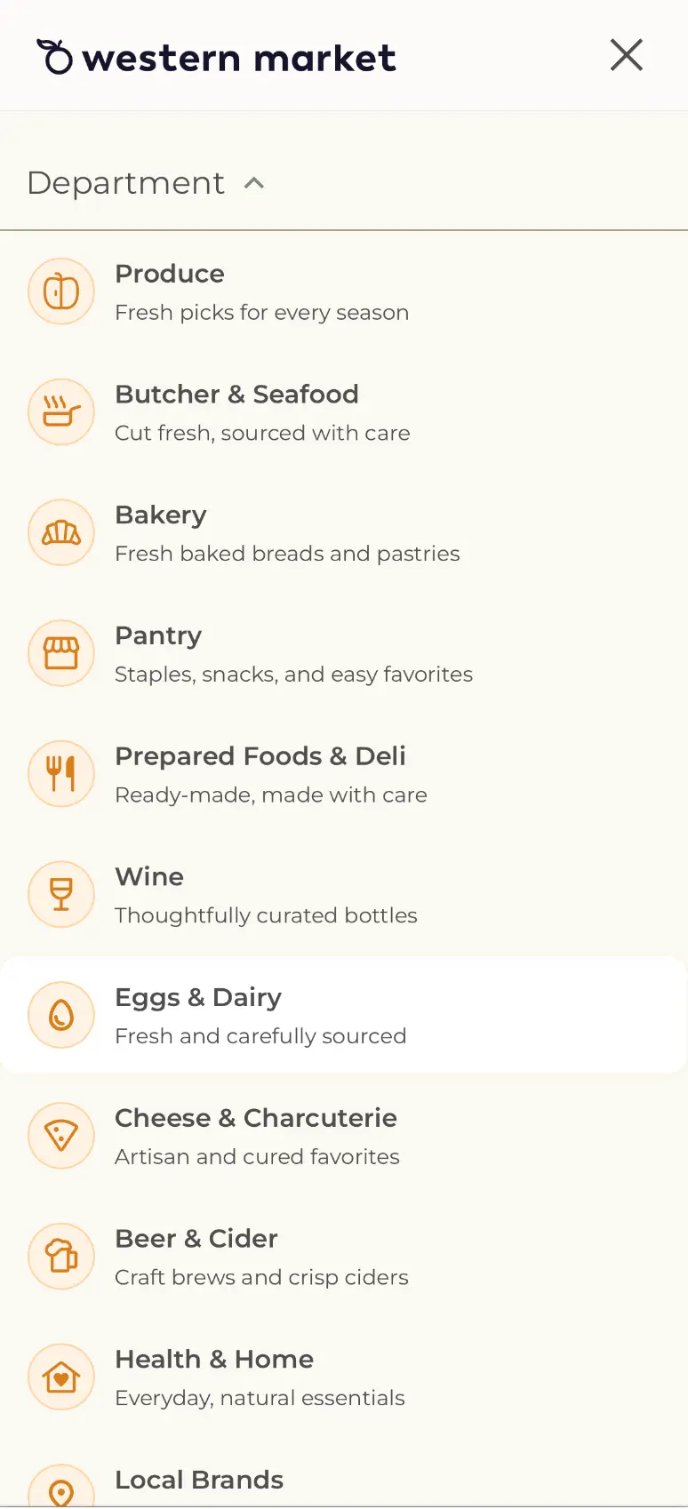 Western Market mobile navigation menu open to the Department list, showing icons and short descriptions for Produce, Butcher & Seafood, Bakery, Pantry, Prepared Foods & Deli, Wine, Eggs & Dairy, Cheese & Charcuterie, Beer & Cider, Health & Home, and Local