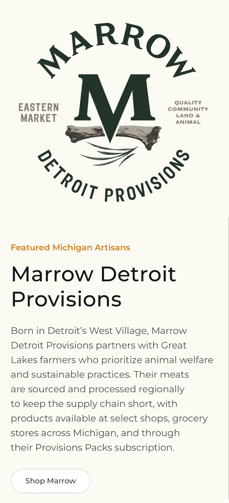 Western Market featured artisan spotlight for Marrow Detroit Provisions, showing the brand's circular logo and a description of the Detroit-based meat purveyor's sourcing from Great Lakes farmers, with a "Shop Marrow" button.