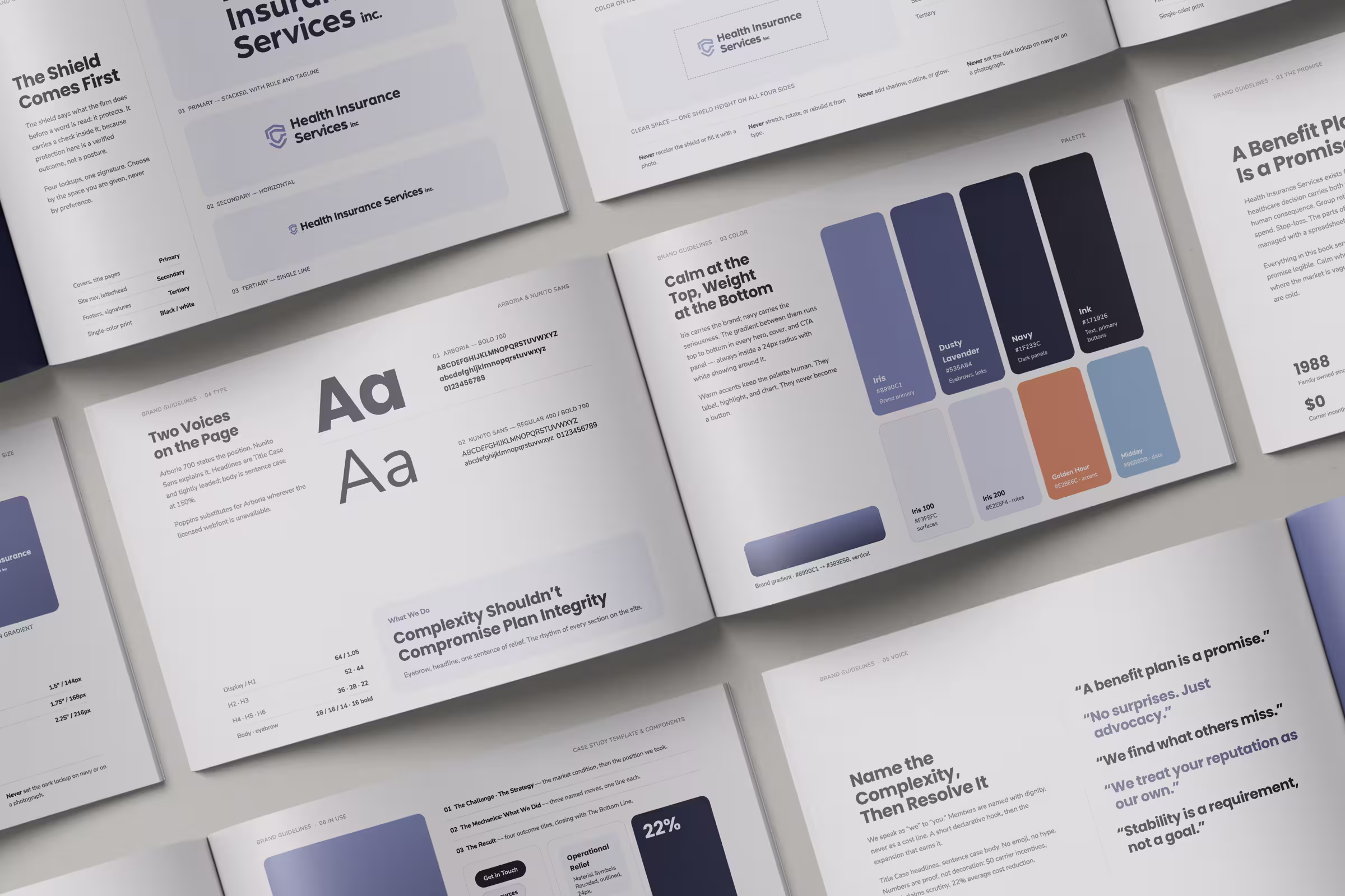 Health Insurance Services brand guidelines booklet on a light background