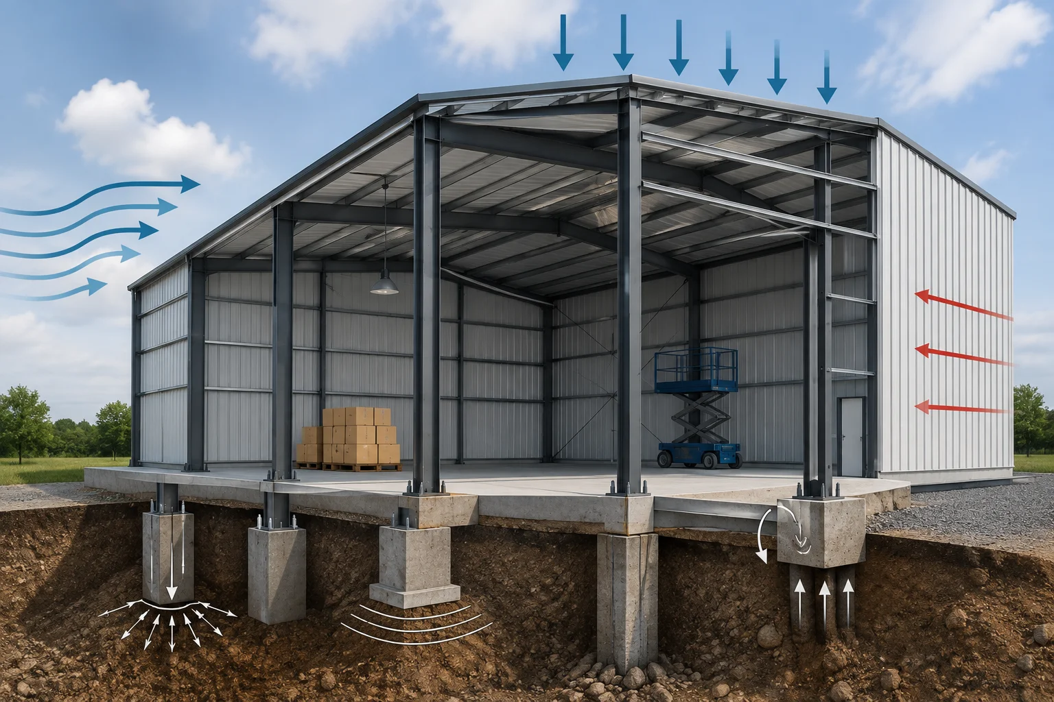Pre-engineered metal building with exposed steel framing and foundation cutaway illustrating wind, roof, lateral, uplift, and foundation loads transferred through the structure into the supporting soil.