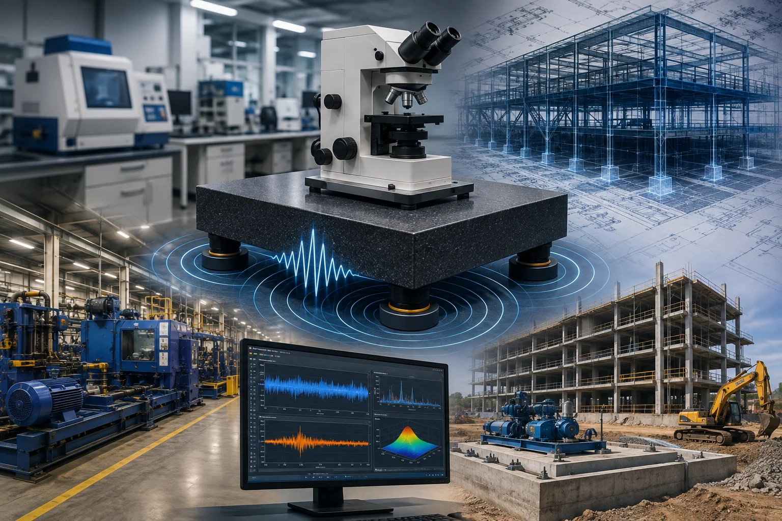Engineering visualization showing a vibration-sensitive laboratory microscope on an isolation table, industrial machinery, structural framing, construction equipment, and vibration analysis graphs illustrating dynamic forces and building performance.