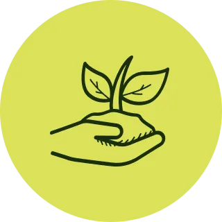 Hand holding a small plant with two leaves on a green circular background.