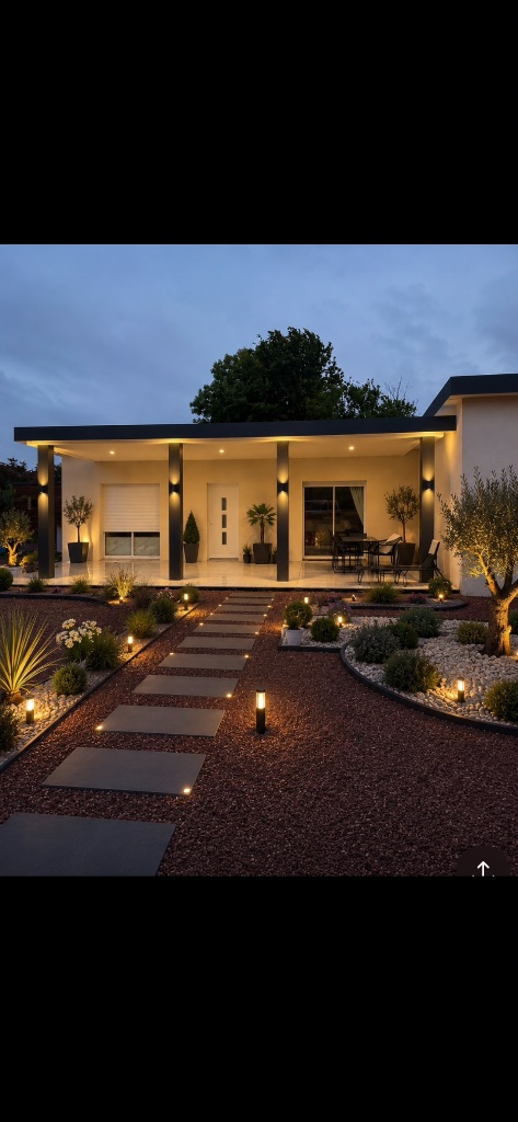 Toiture plate avec toit terrasse et aménagement extérieur - Messei