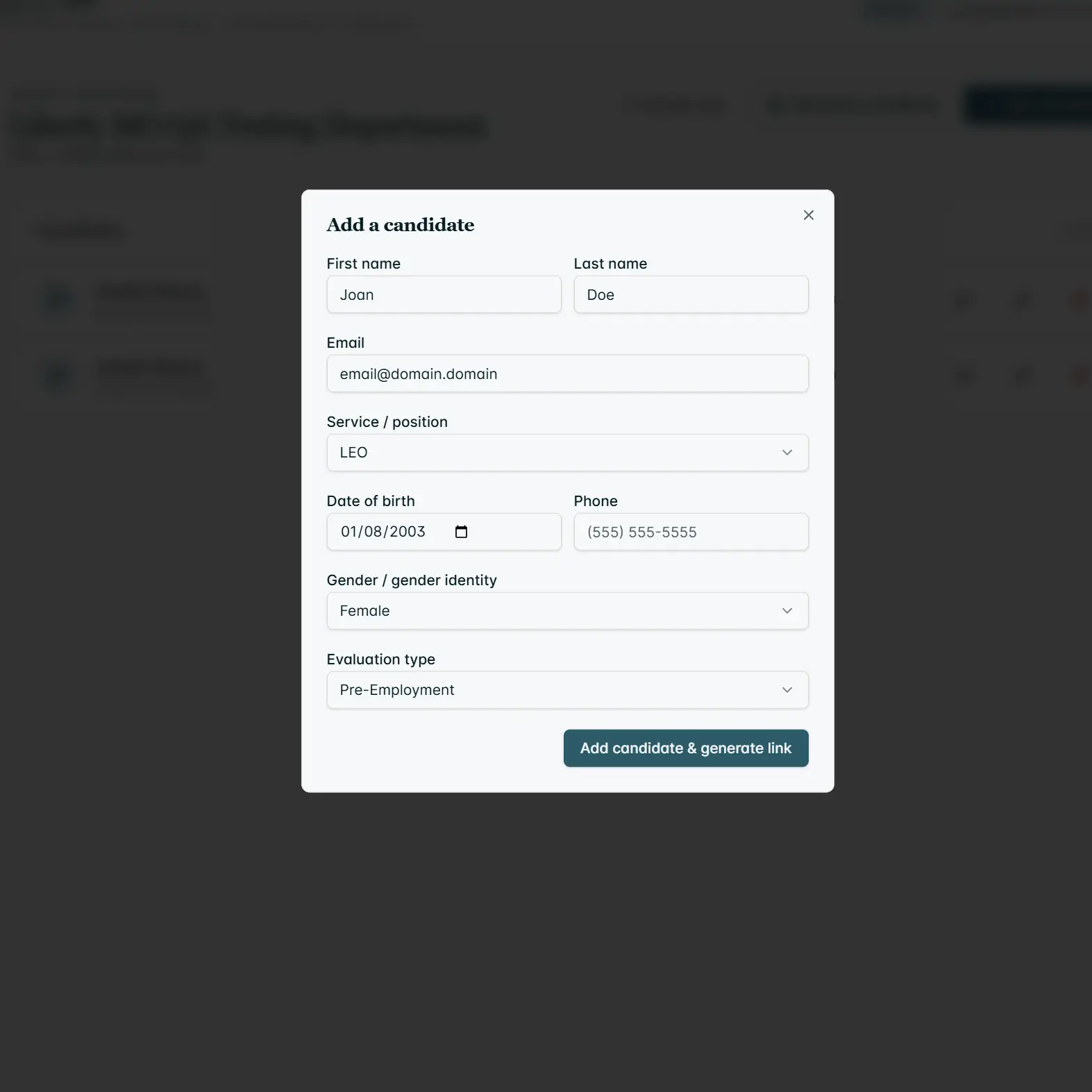 Portico candidate onboarding screen