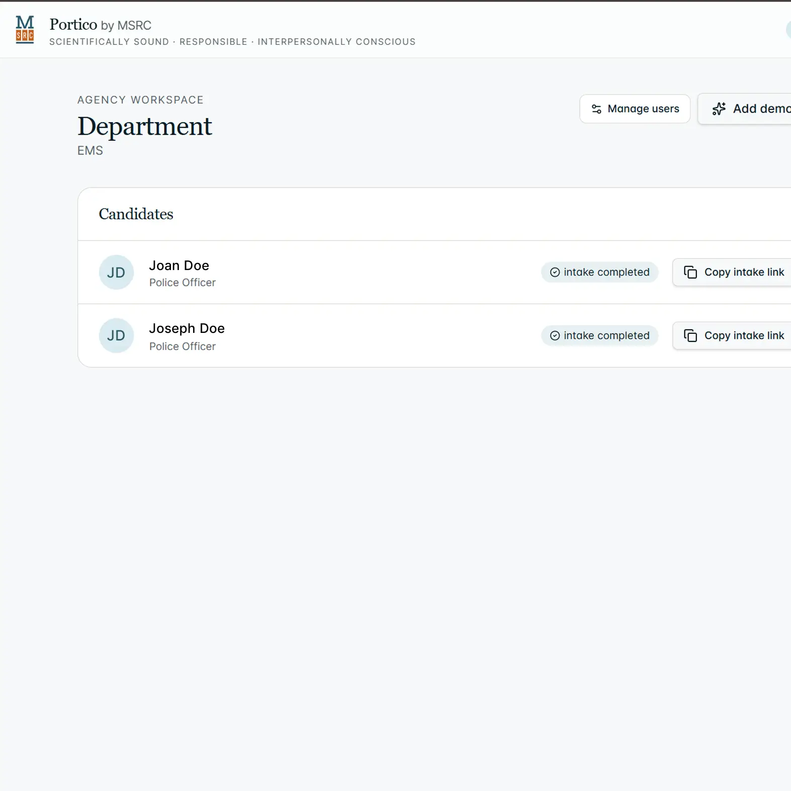 Portico agency dashboard showing live evaluation status for each candidate