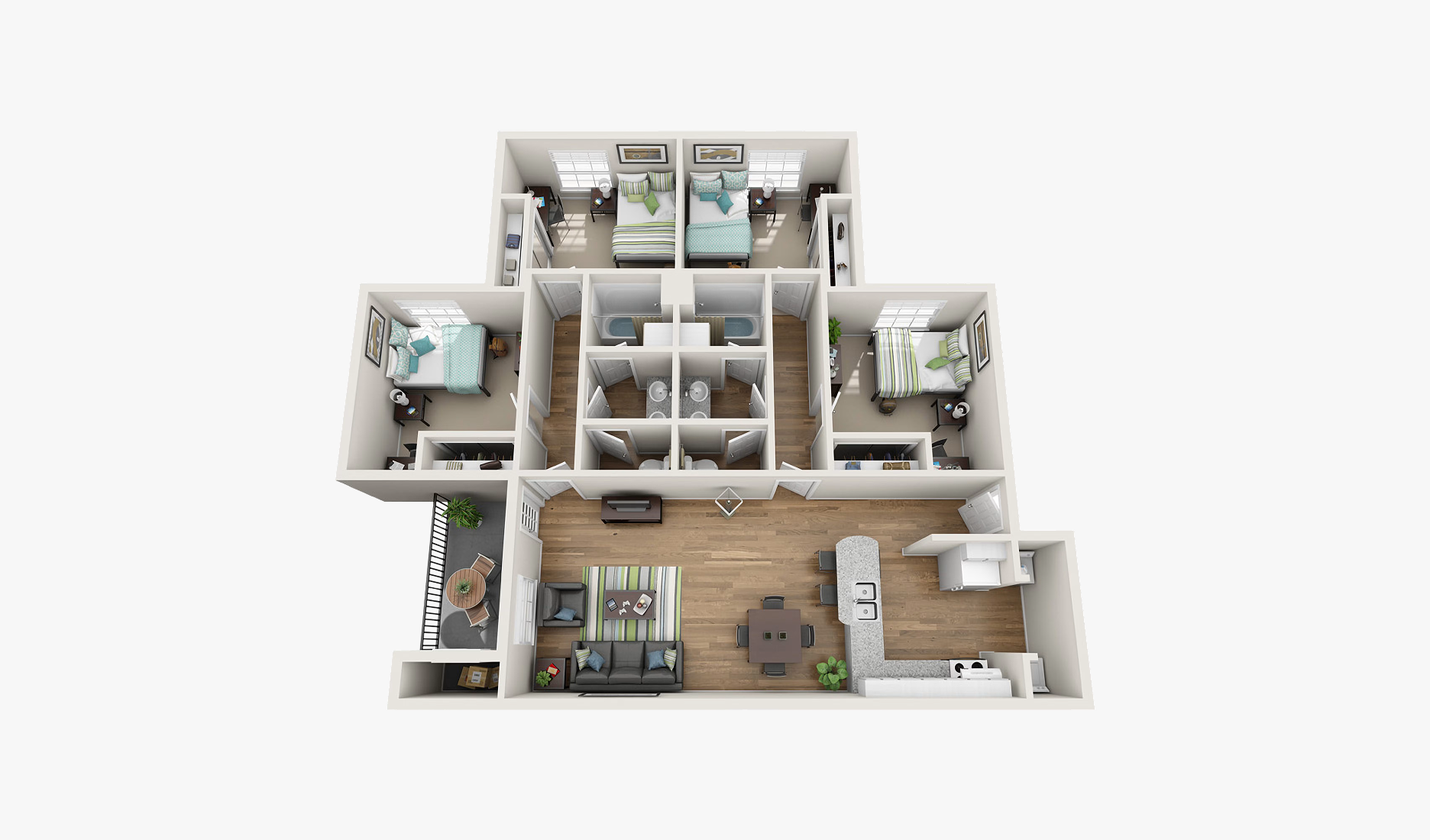 D1 four-bedroom, two-bath floor plan at The Oliver