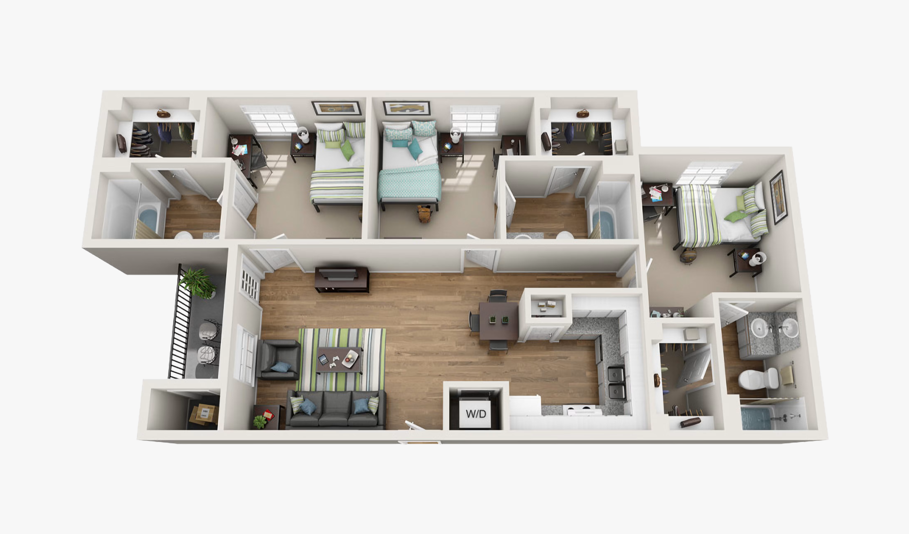 C1 three-bedroom, three-bath floor plan at The Oliver