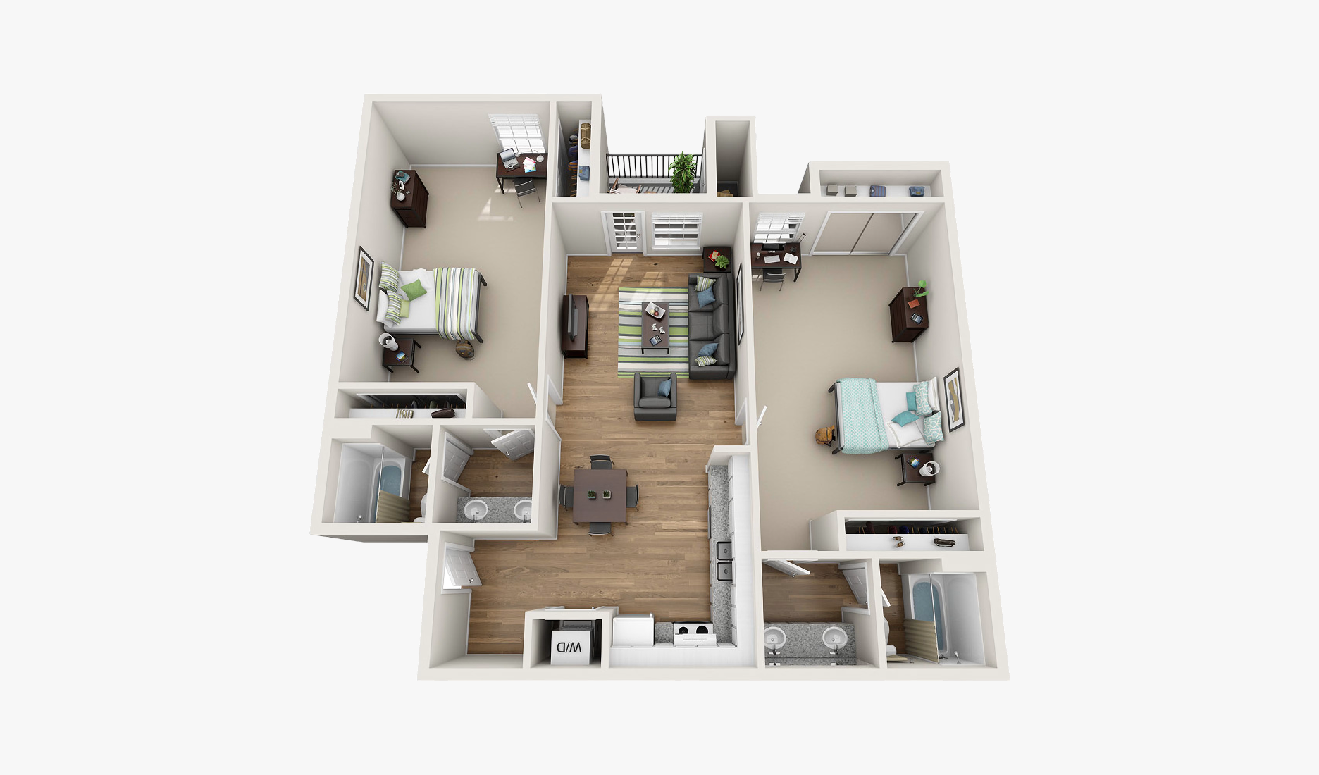 B1 two-bedroom, two-bath floor plan at The Oliver