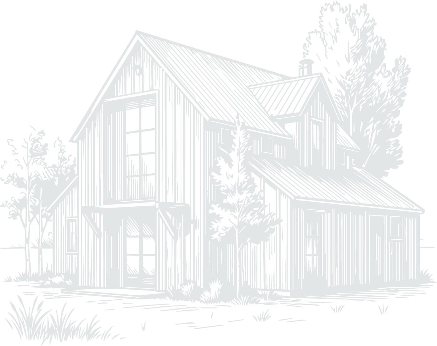Illustration of a modern barn-style house with vertical siding, large windows, a metal roof, and trees surrounding it.