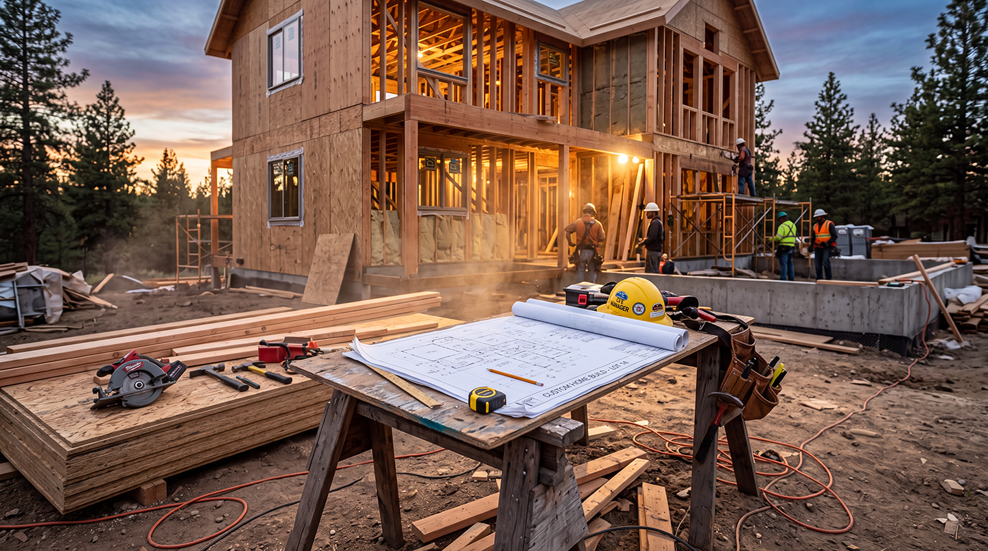 Construction site at sunset with workers wearing safety helmets working on a wooden house frame surrounded by tools, wooden planks, and blueprints displayed on a work table with a yellow safety helmet and measuring tape.
