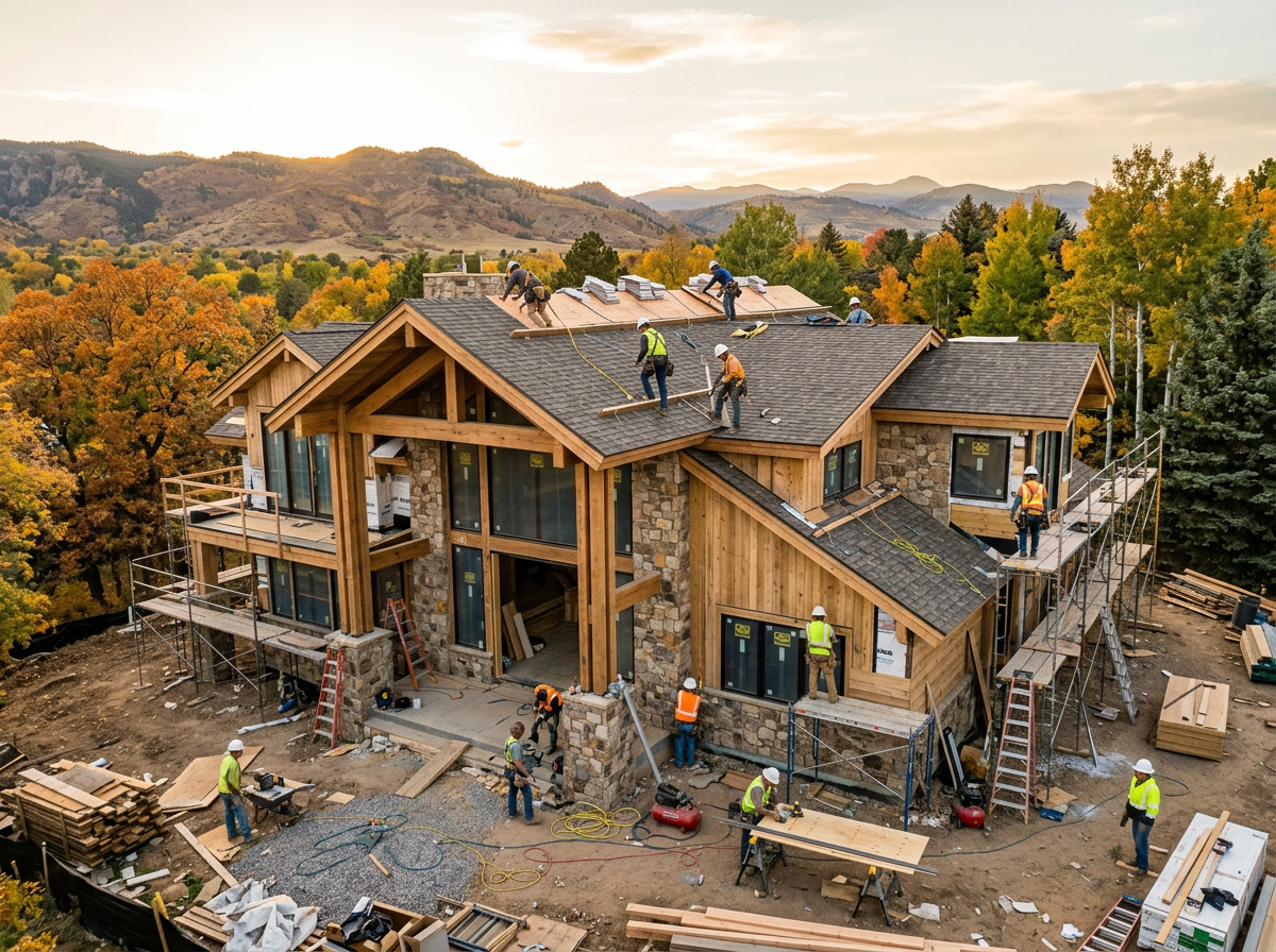 Construction workers in safety gear building a large wooden and stone house surrounded by autumn-colored trees and mountains in the background.