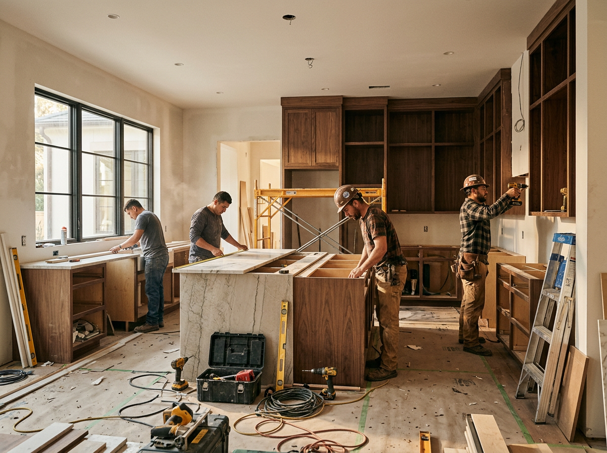 Four workers remodeling a kitchen with wooden cabinets and a marble island, using tools like drills, measuring tape, and level under natural light from large windows.