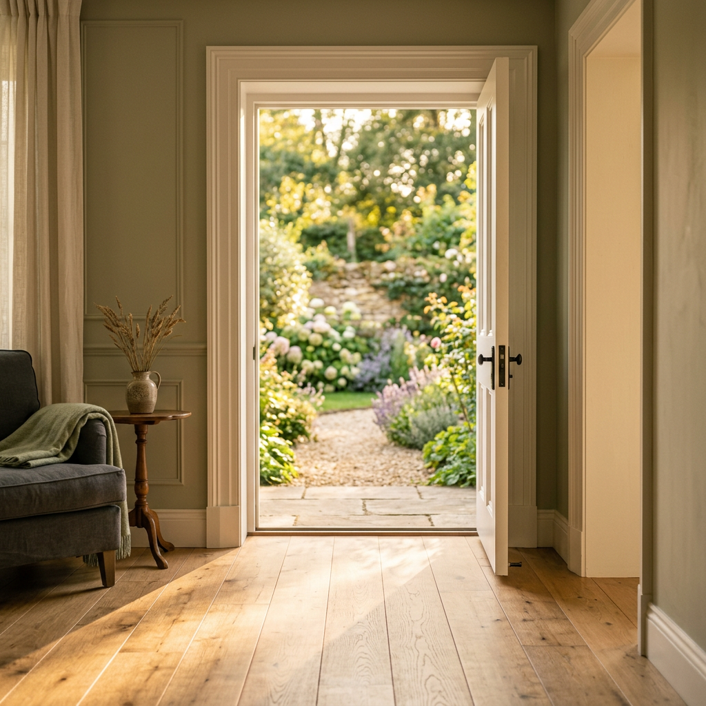 Open white door in a cozy living room with wooden floor, gray couch, side table with a vase of dried flowers, leading to a sunlit garden path surrounded by lush greenery and blooming flowers.