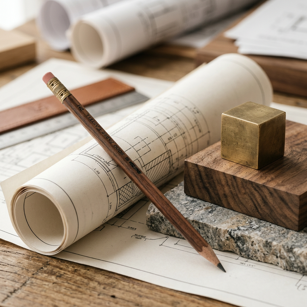 Wooden pencil resting on architectural blueprints with a rolled drawing in the background, next to a brass cube on a wooden block and a rough stone slab.