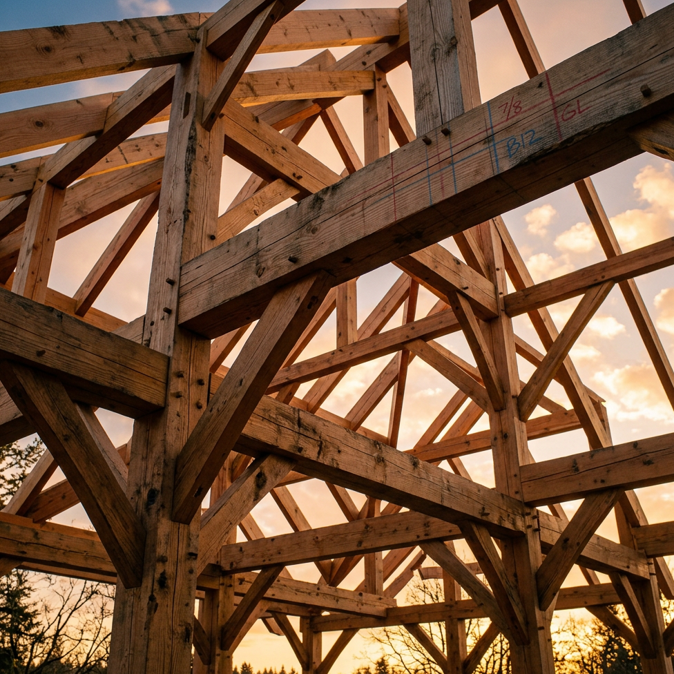 Wooden timber frame structure under construction with beams and joints visible against a sunset sky.