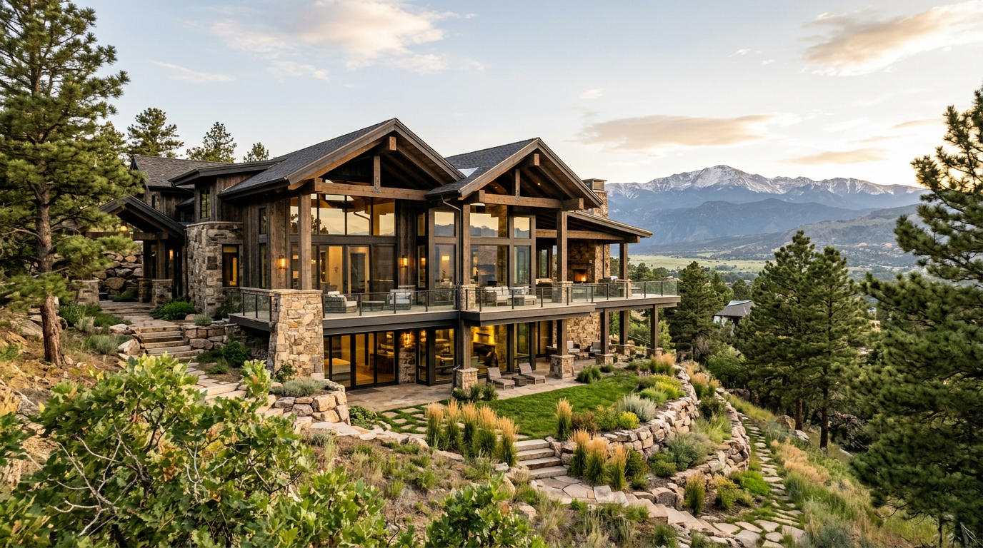 Custom home dining room with mountain views in Castle Pines