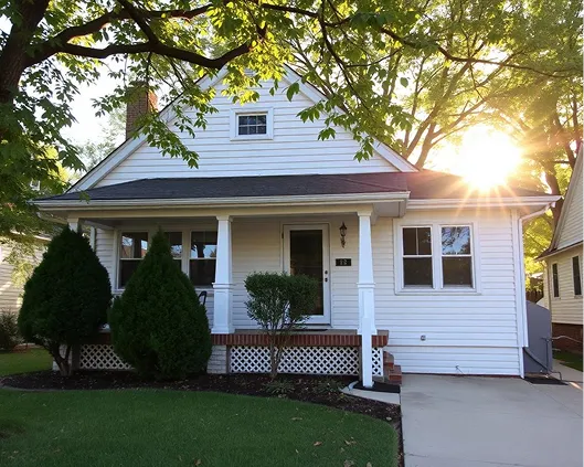 White single-story house with a porch, green bushes, and the sun shining through trees.