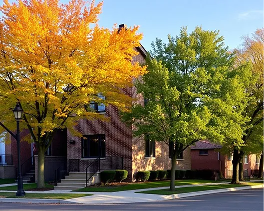 Street view of brick houses with vibrant yellow and green autumn trees on a clear sunny day.