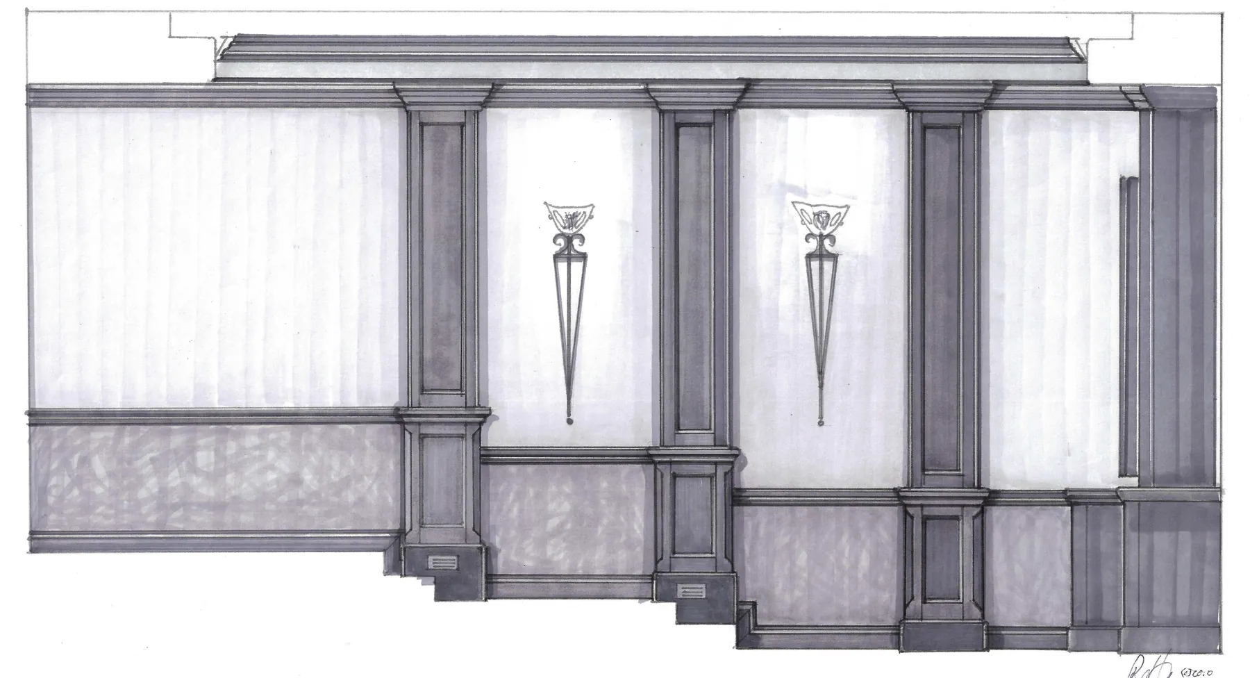 Panelled side wall elevation with pilasters and torch sconces for a private cinema