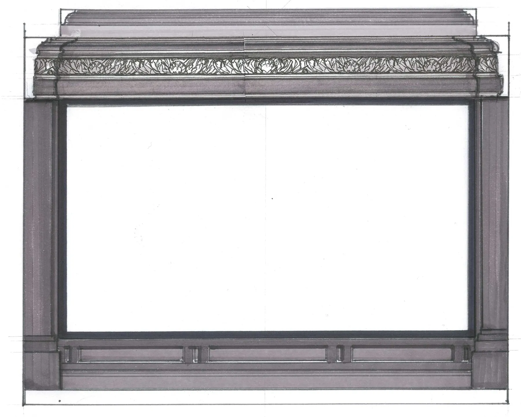 Hand-drawn front wall elevation for an LMC private home cinema screen surround