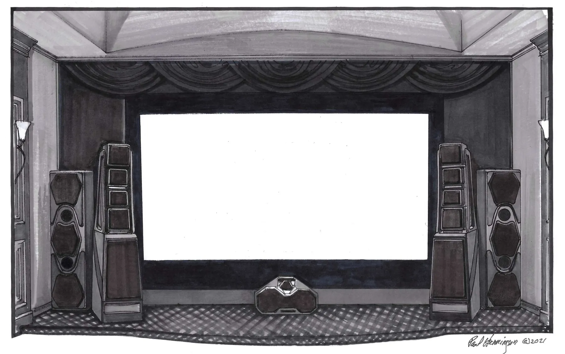 Front elevation rendering with draped proscenium and floorstanding speakers flanking the screen