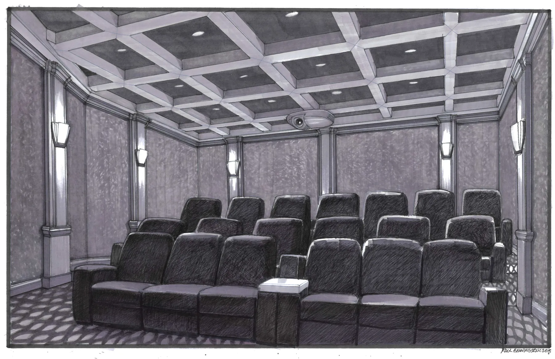 Home cinema design rendering with coffered ceiling and two rows of leather recliners